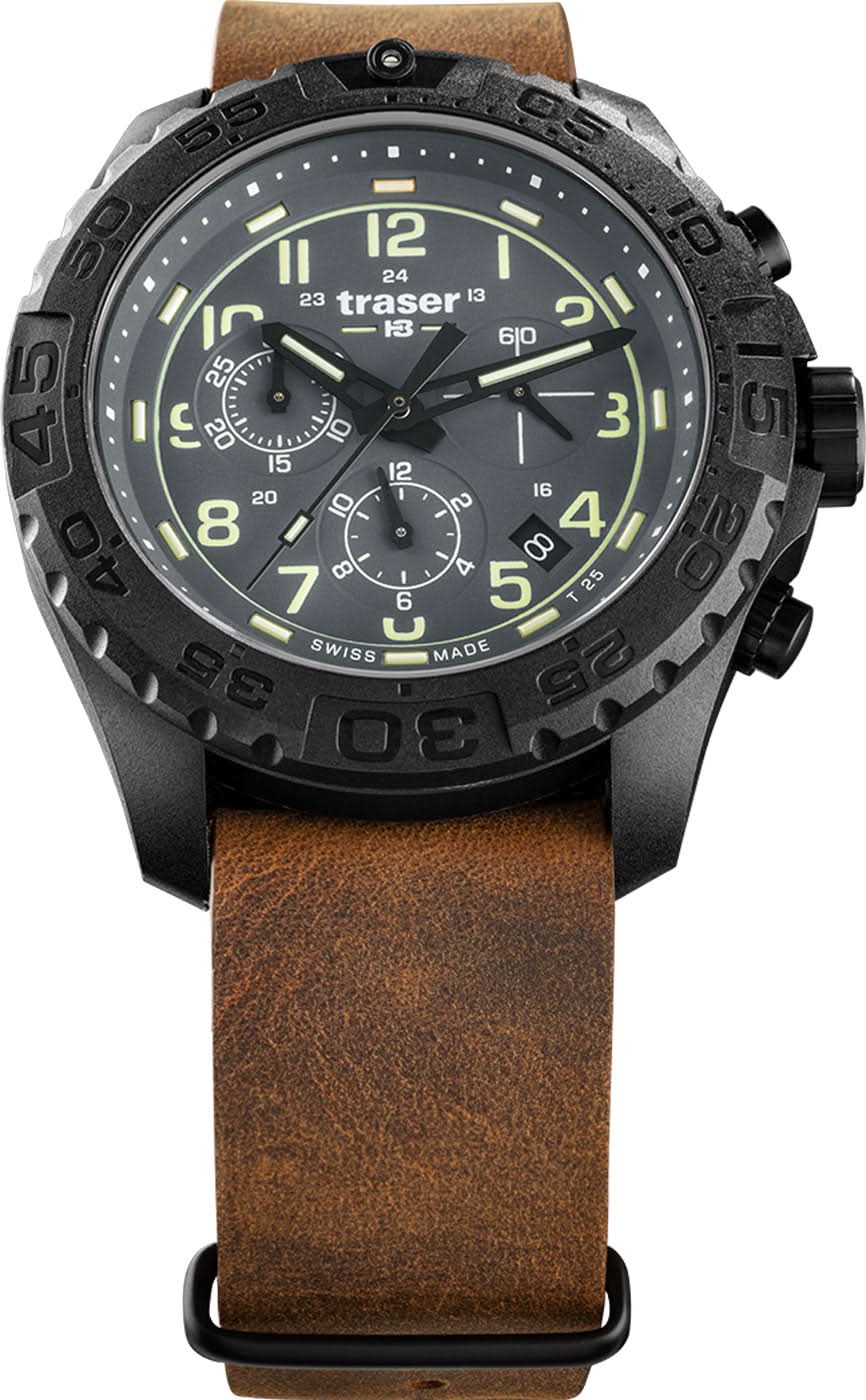 Orologio da uomo con cinturino in pelle marrone, cassa nera e quadrante scuro