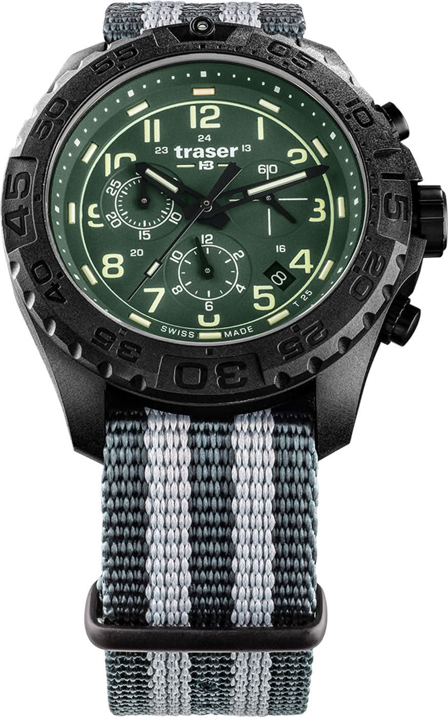 Cronografo da uomo con quadrante verde luminoso, cassa nera, cinturino in tessuto grigio