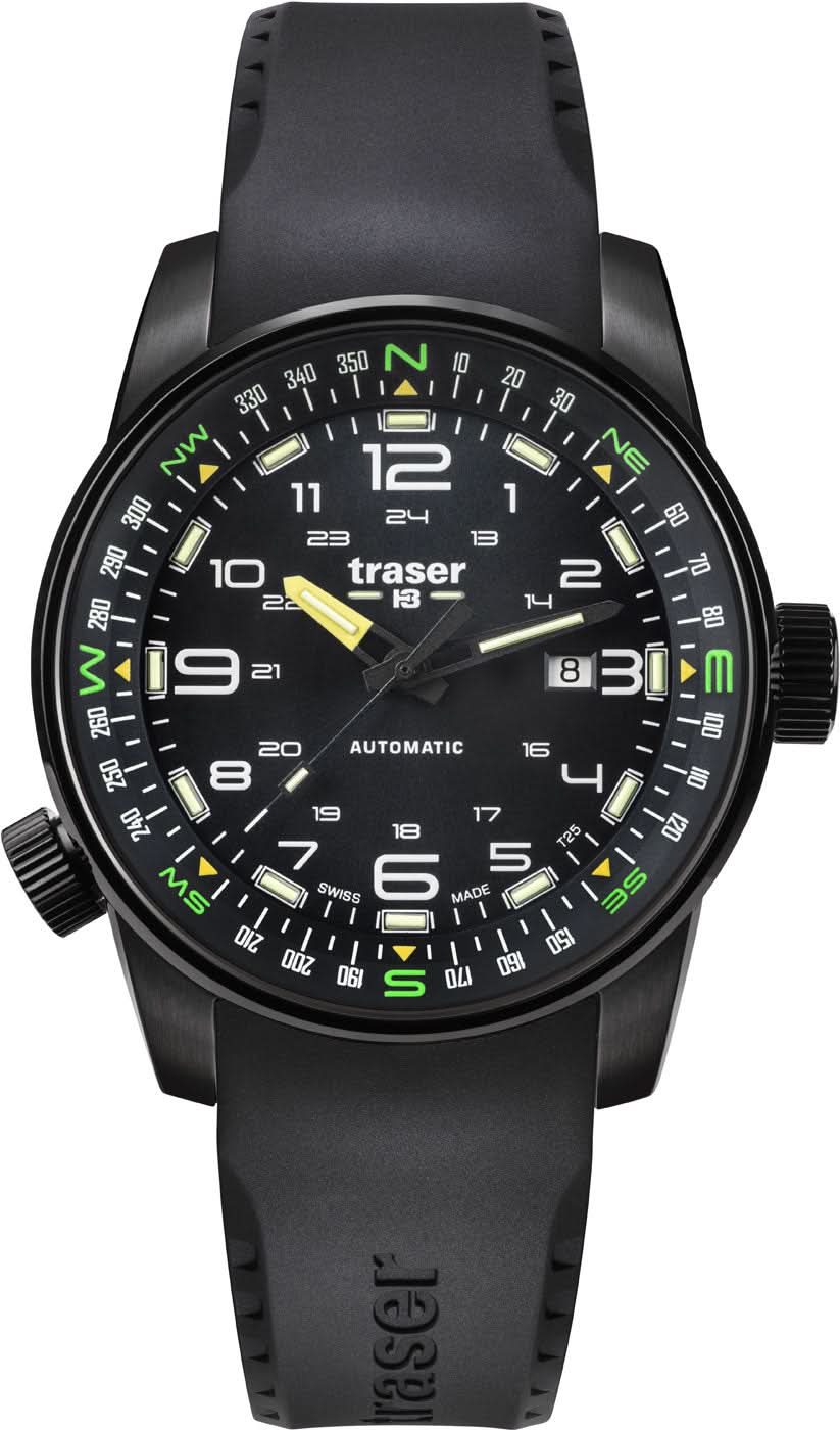 Orologio Traser P68 Pathfinder con cinturino nero, quadrante nero e indici verdi