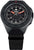 Herrenuhr mit schwarzem Zifferblatt, roten Zeigern und Datumsanzeige, schwarzes Stoffarmband