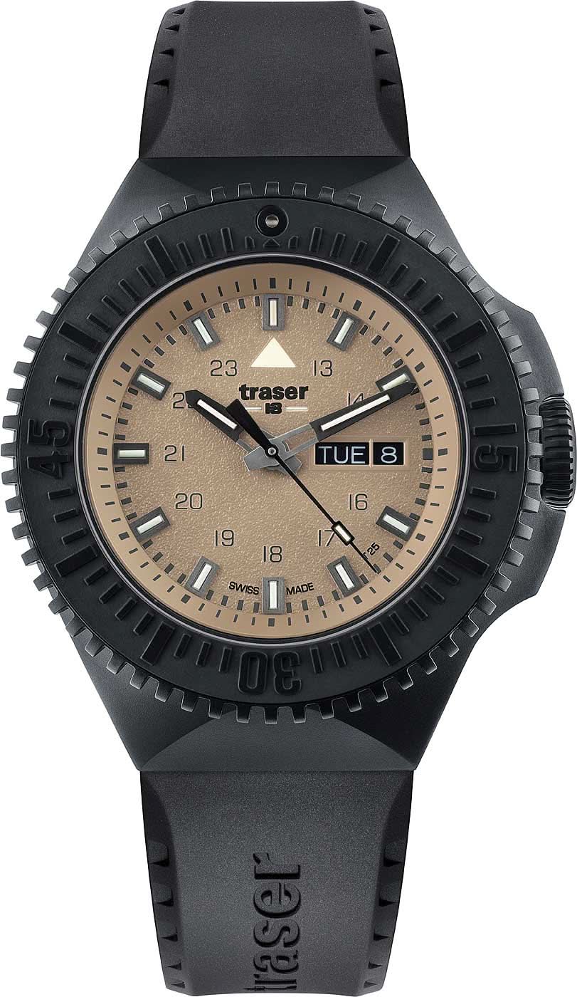 Herrenarmbanduhr mit schwarzem Kunststoffarmband, beigem Zifferblatt und Datumsanzeige