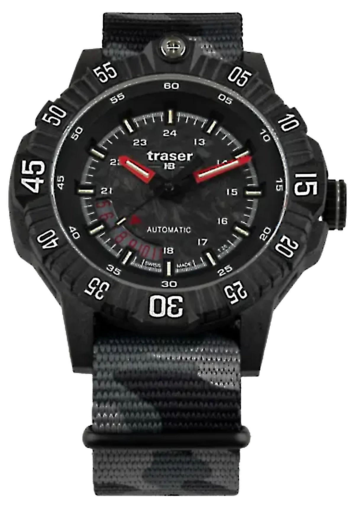 Orologio da uomo: cassa in carbonio nero, quadrante nero, lancette rosse, cinturino in tessuto