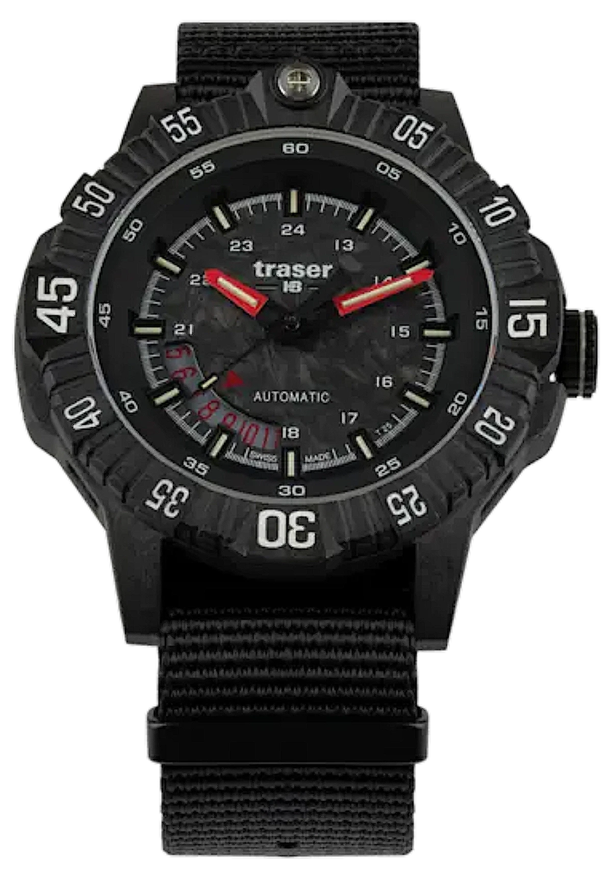 Orologio da uomo: quadrante nero, lancette rosse, Trigalight, cinturino in tessuto nero