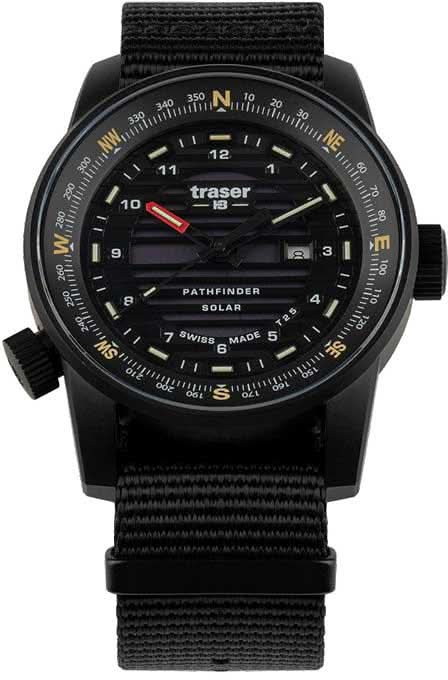 Orologio da uomo con quadrante nero e cinturino in tessuto nero, Traser Pathfinder Solar