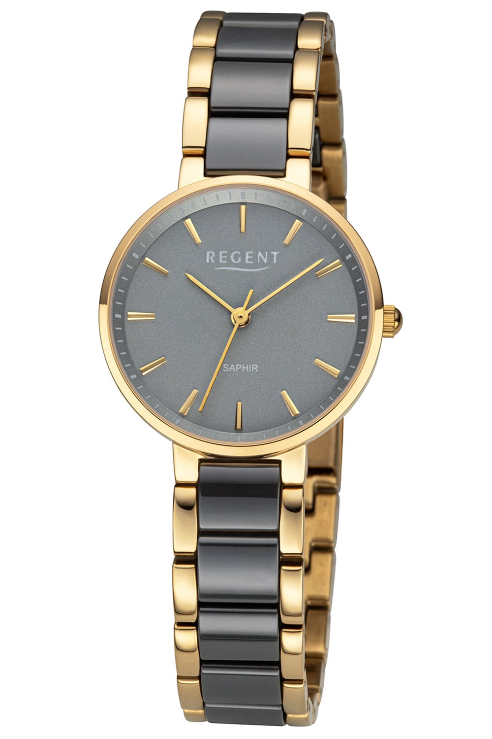 Regent 12211130 Damen-Armbanduhr Goldfarben/Grau • Saphirglas • Keramik-Lünette