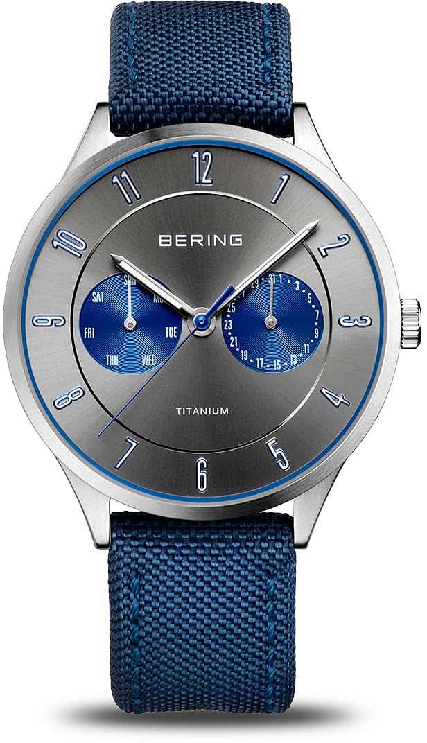 Orologio da uomo con cinturino in tessuto blu e quadrante blu, cassa in titanio, BERING