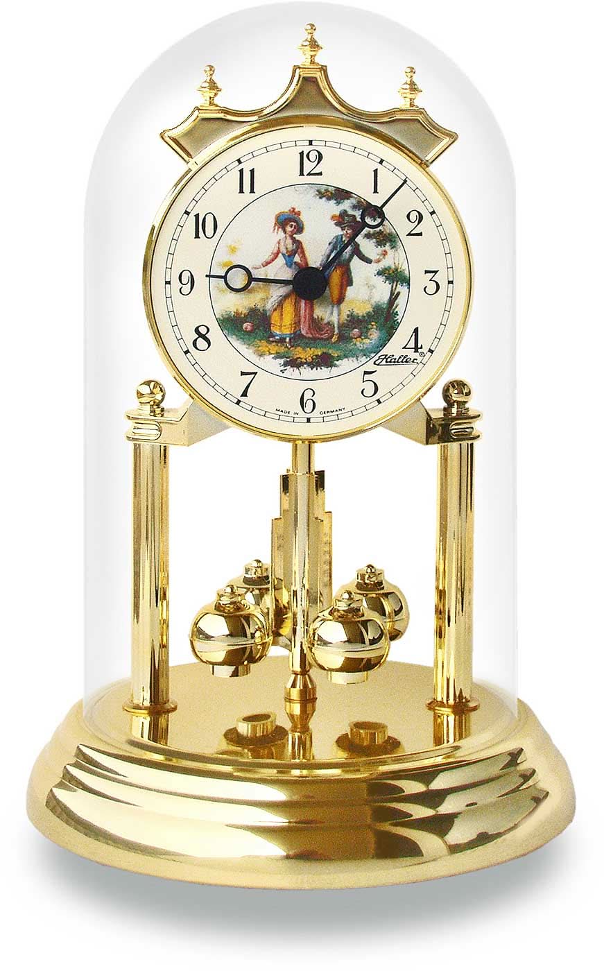 Orologio da tavolo con quadrante rotondo, campana di vetro e pendolo rotante, design color oro