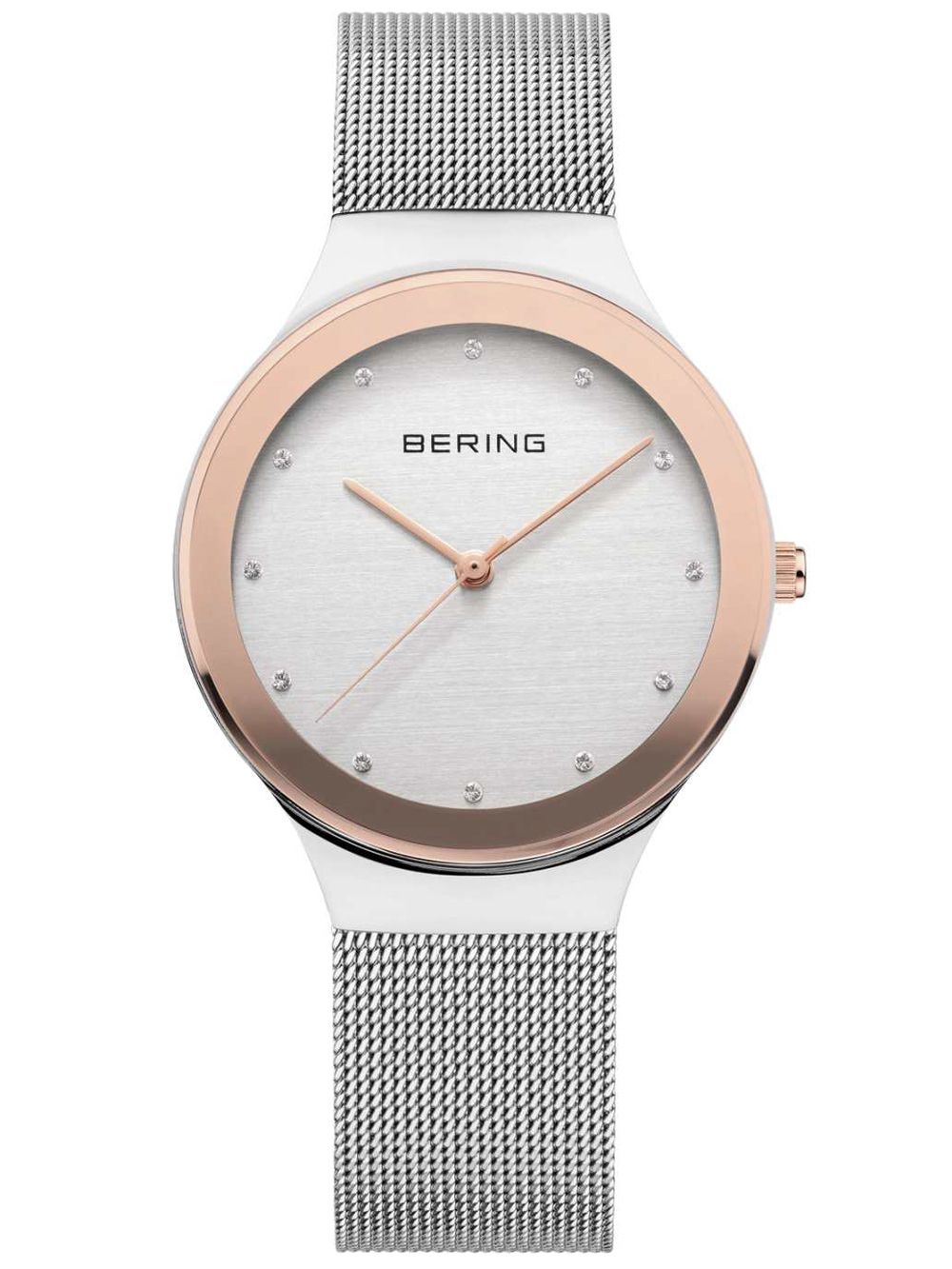 Damenarmbanduhr mit silbernem Edelstahlband, roségoldener Lünette und Index-Ziffern