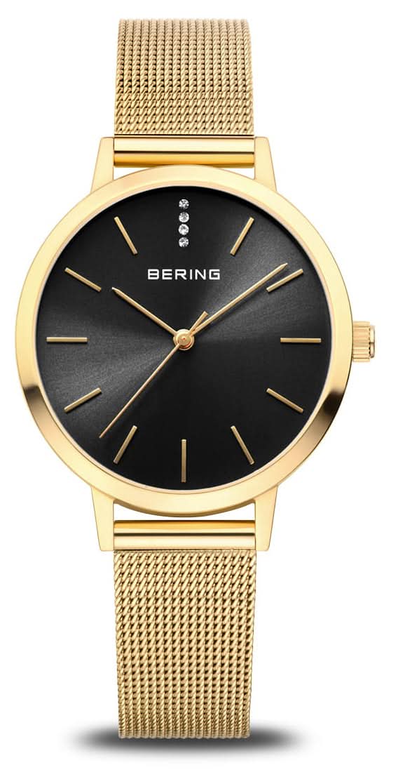 Orologio da donna con bracciale milanese color oro, quadrante nero e indici a bastone