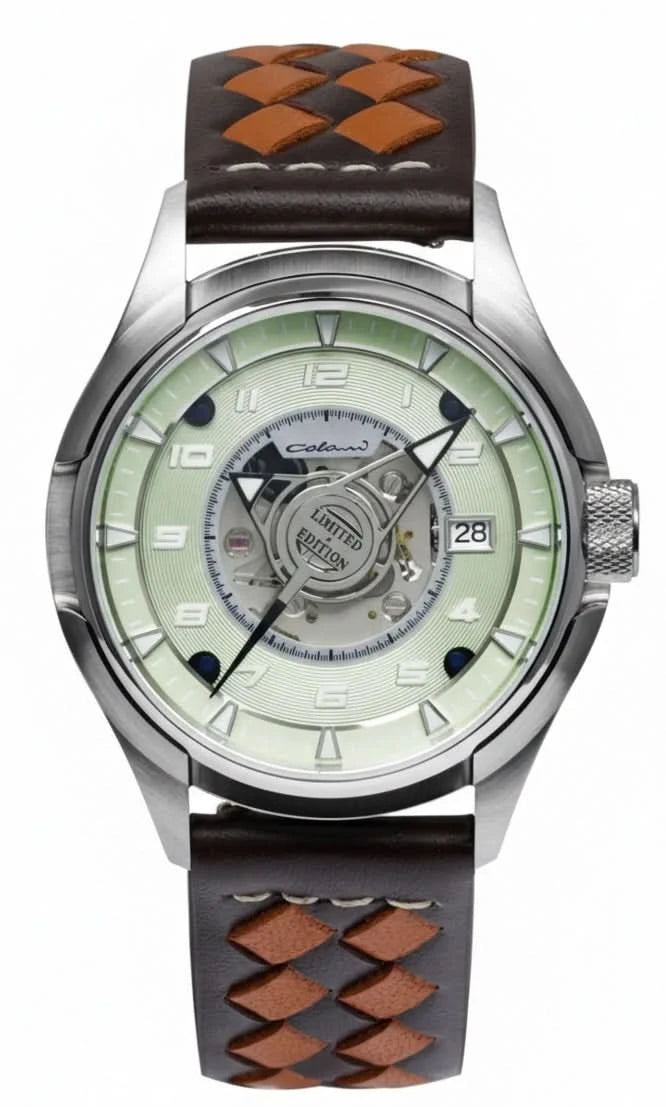 Orologio da uomo con quadrante argentato e cinturino in pelle marrone, movimento automatico a vista