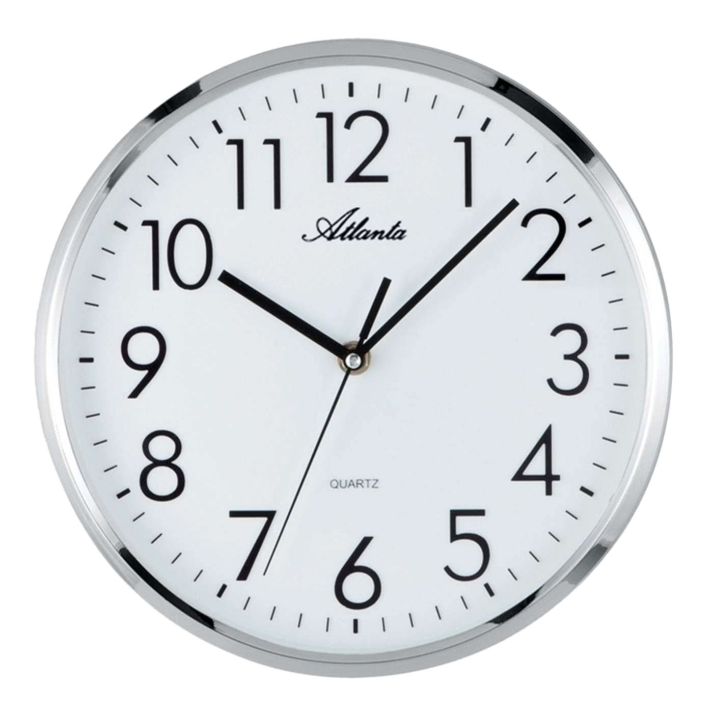 Orologio da parete rotondo: quadrante bianco, numeri/lancette neri, cornice in plastica