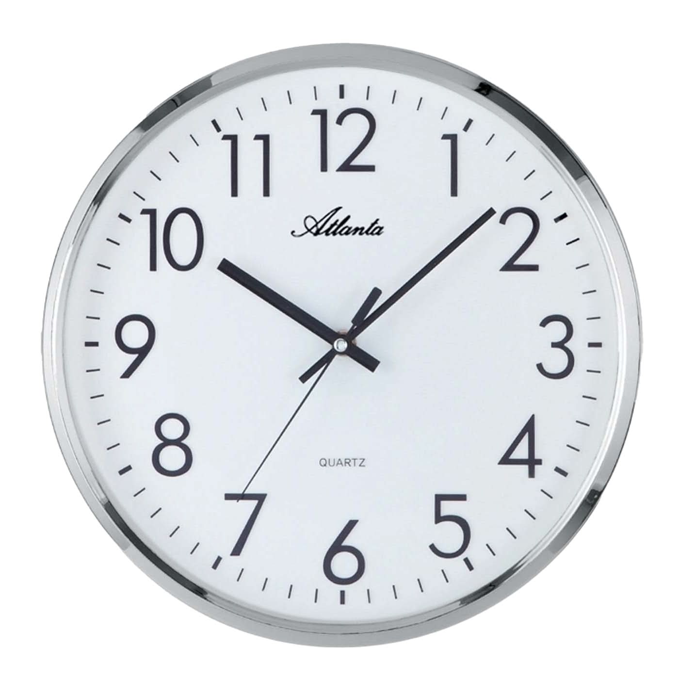 Orologio da parete Atlanta con quadrante bianco, numeri arabi e lancette nere