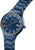 Orologio da uomo, vista laterale: quadrante blu, lunetta arancione, bracciale in metallo