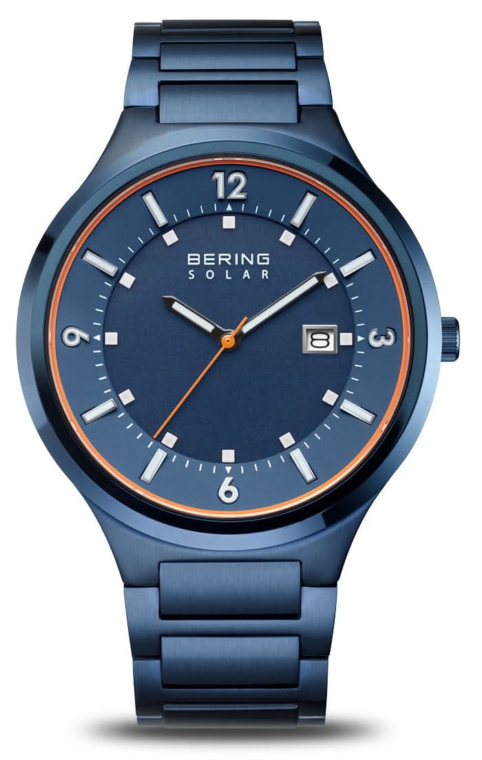 Orologio da uomo con quadrante blu, lunetta arancione e cinturino in metallo