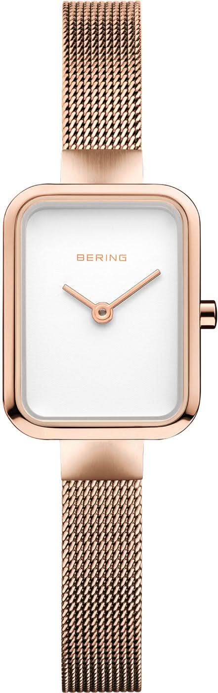 Orologio da donna Bering: cassa quadrata color oro rosa, quadrante bianco, cinturino milanese