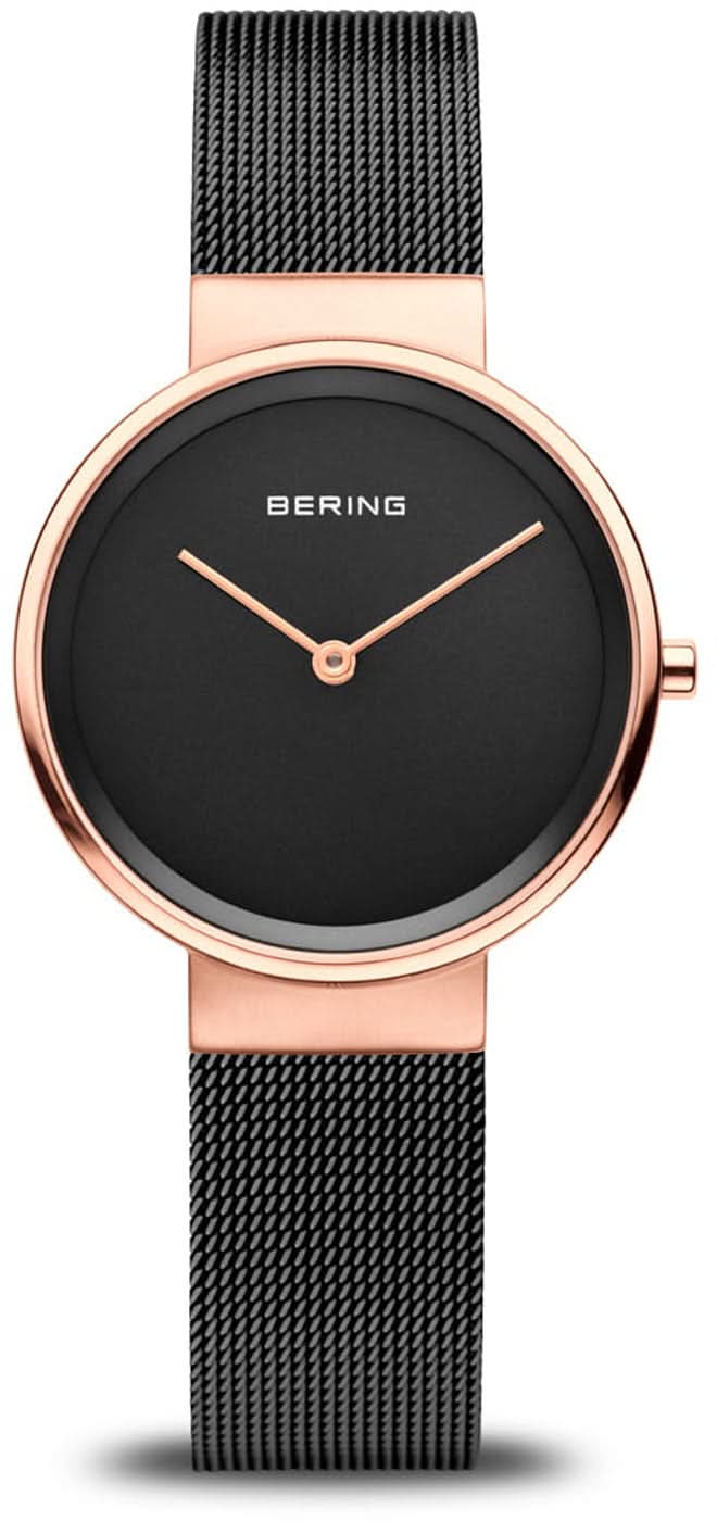 Orologio da donna con quadrante nero, cassa color oro rosa e cinturino milanese nero