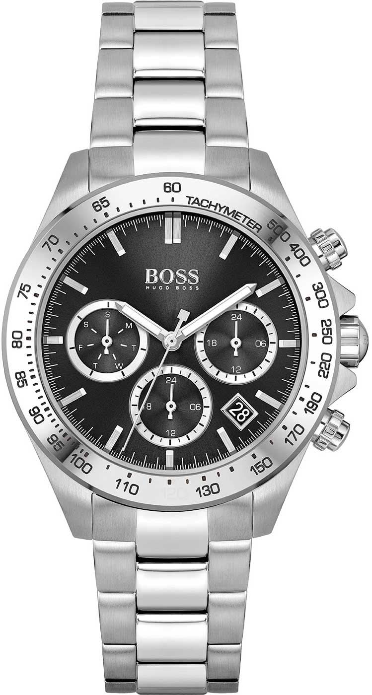 Damenuhr mit schwarzem Zifferblatt, Chronographen-Anzeigen, Edelstahlarmband von BOSS