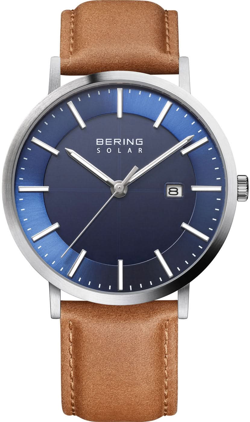 Orologio da uomo Bering Solar con quadrante blu e cinturino in pelle marrone, cassa in acciaio inossidabile