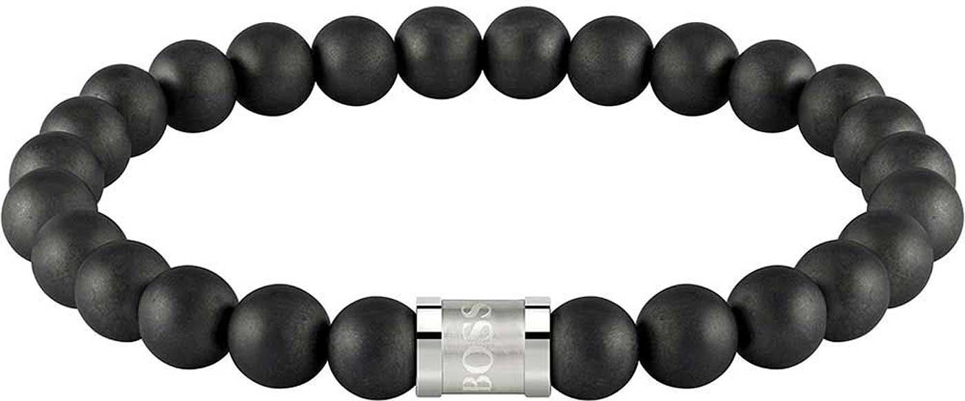 Bracciale da uomo in perle di onice nero con placca centrale in argento