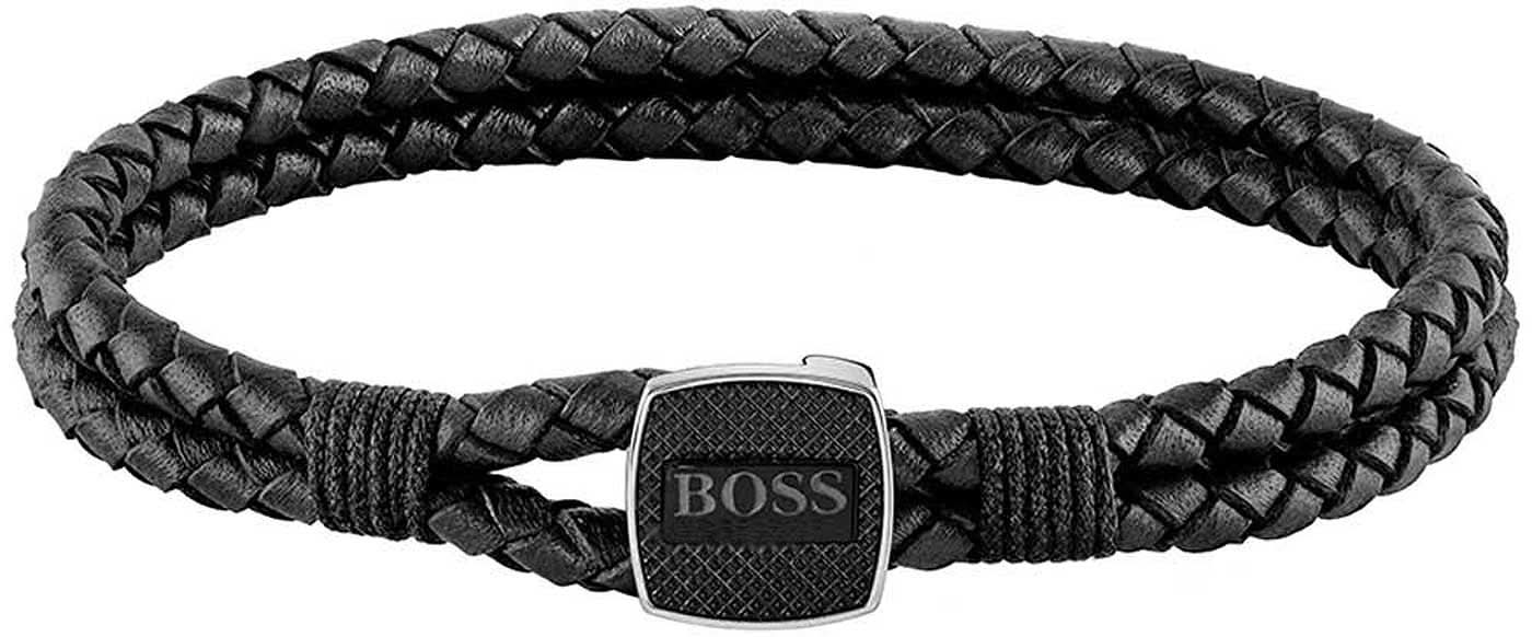 Bracciale in pelle nera con cinturino intrecciato e placca di chiusura argentata con scritta BOSS.