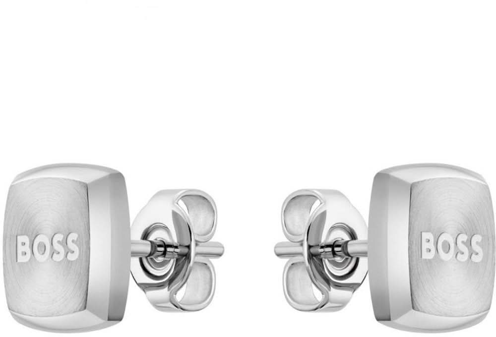 Orecchino da uomo con placca rettangolare e scritta BOSS, color argento