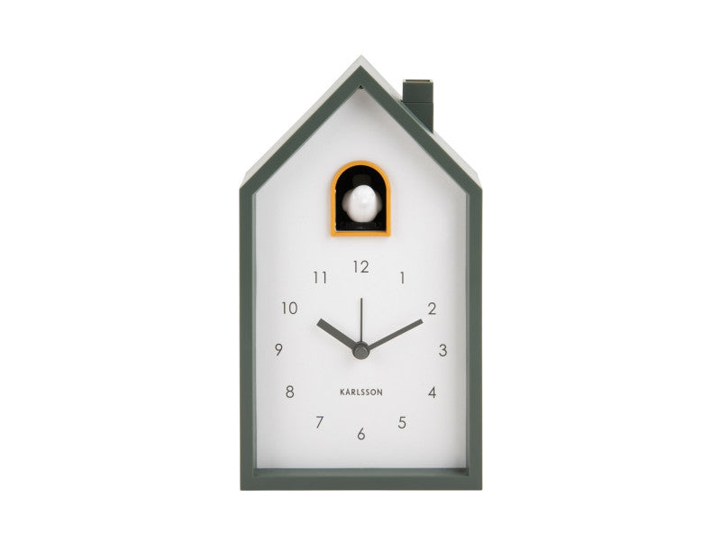 Orologio a cucù Karlsson con design a casa, cassa verde chiaro con quadrante e lancette bianchi