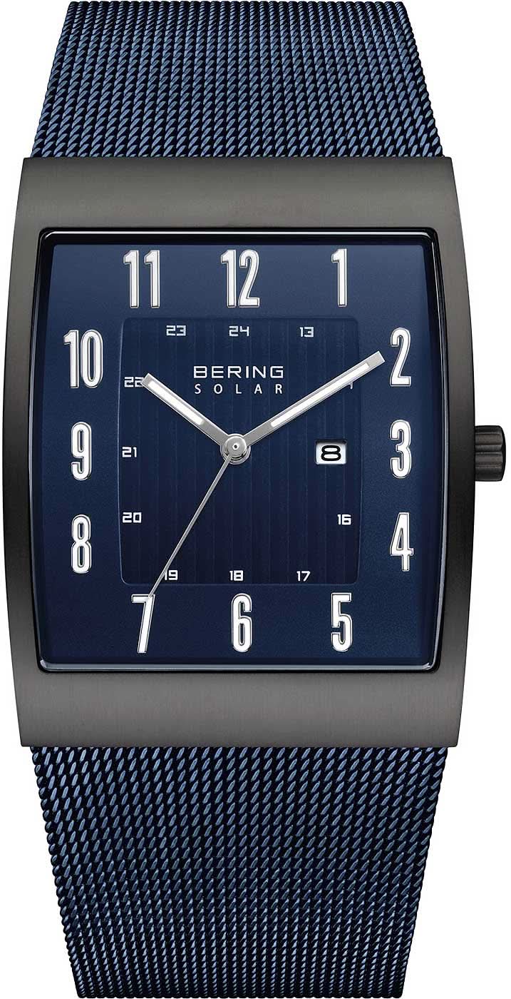 Orologio solare da uomo: quadrante blu, cinturino in mesh blu, cassa argentata