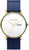 Herrenuhr mit blauem Lederband, rundem goldfarbenem Gehäuse und weißem Zifferblatt