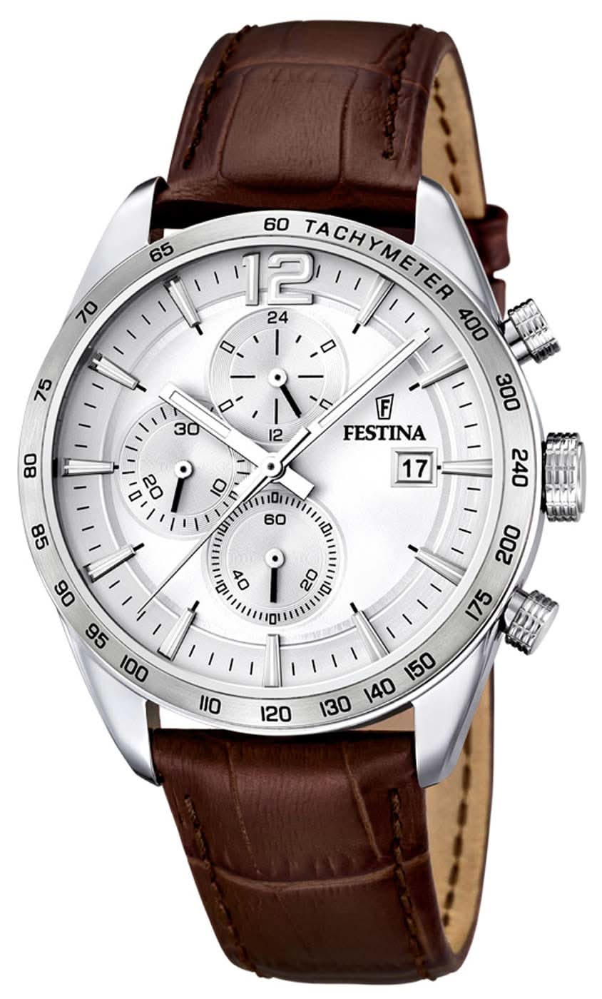 Festina Cronografo con cinturino in pelle marrone e quadrante argentato