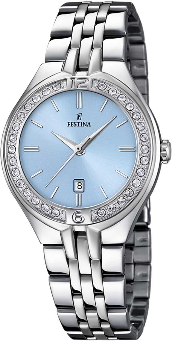 Orologio da donna con quadrante azzurro, lunetta in zirconi e cinturino in acciaio inossidabile