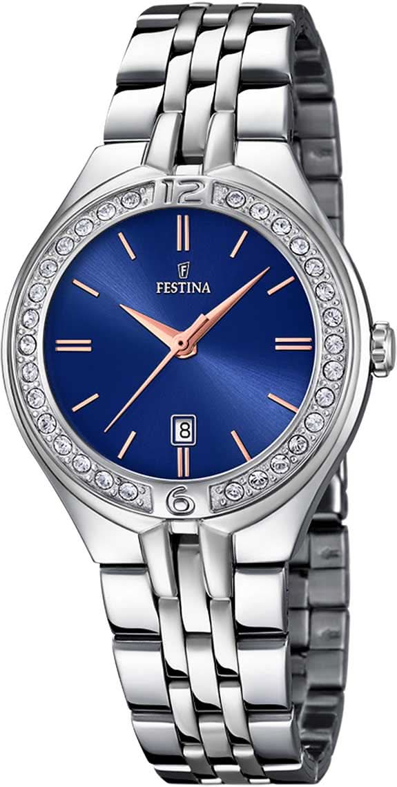 Orologio da donna con quadrante blu, cinturino in acciaio inossidabile e lunetta con pietre decorative