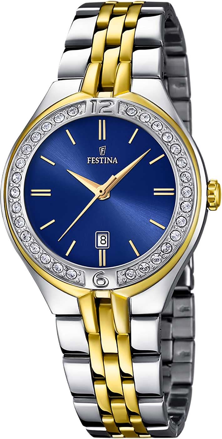 Orologio da donna con quadrante blu, dettagli dorati e cinturino in acciaio inossidabile