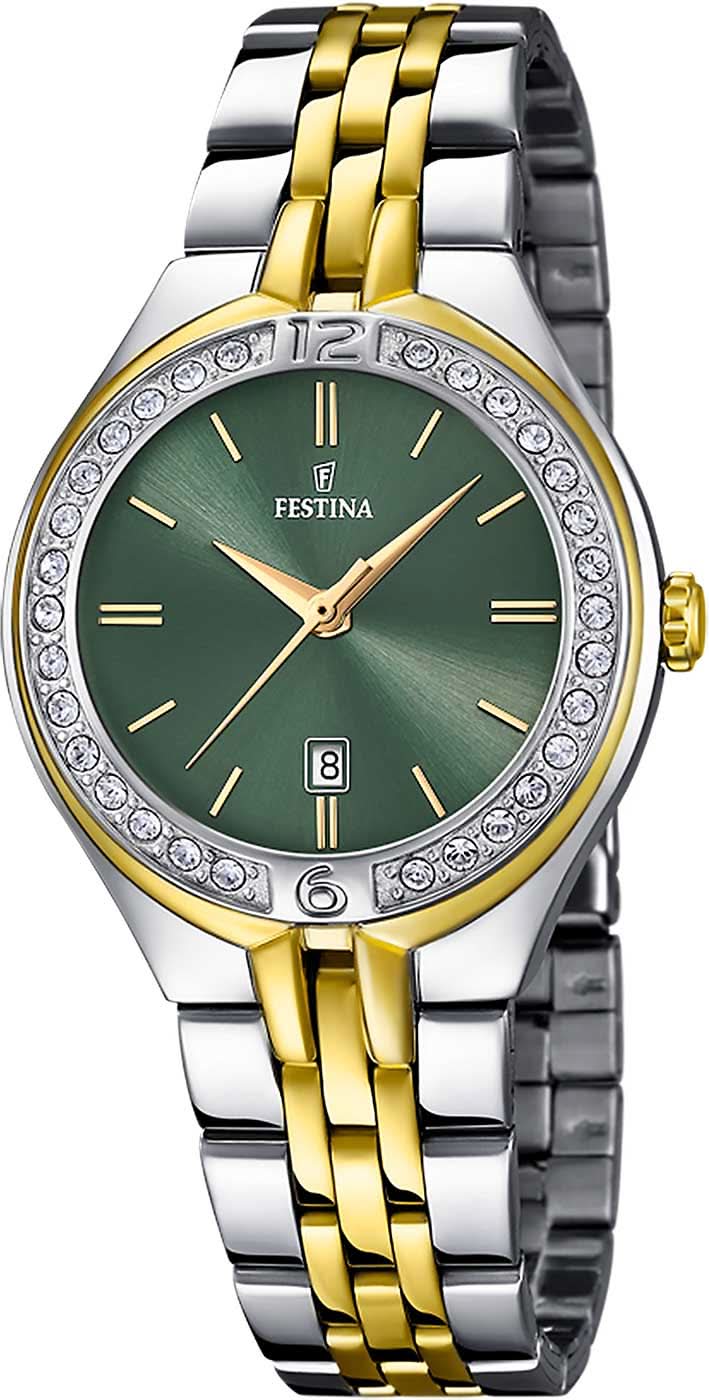 Orologio da donna con quadrante verde, cinturino in acciaio inossidabile color argento/oro, lunetta con pietre