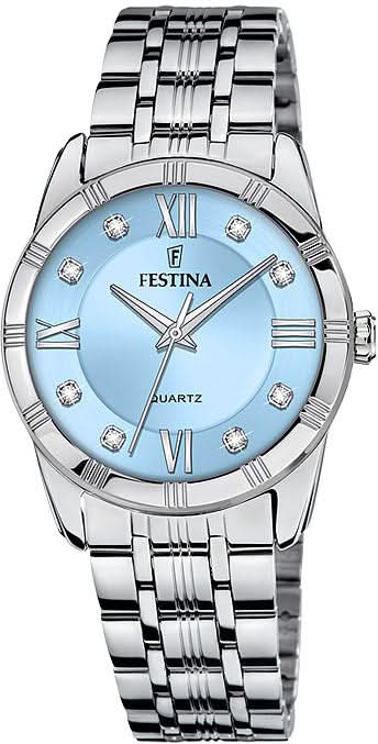 Orologio da donna con bracciale in acciaio inossidabile argentato, quadrante azzurro con numeri romani e logo Festina