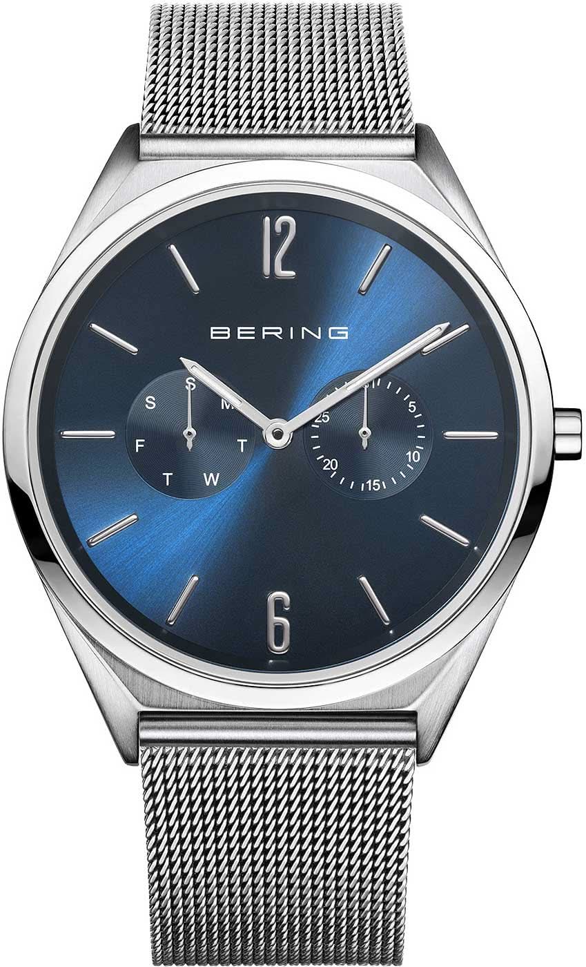 Orologio da uomo con quadrante blu, cassa color argento e cinturino in maglia metallica