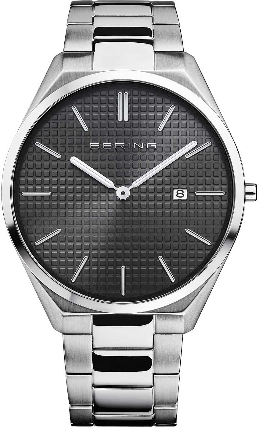 Orologio da uomo in argento con quadrante nero, indici a bastone e datario