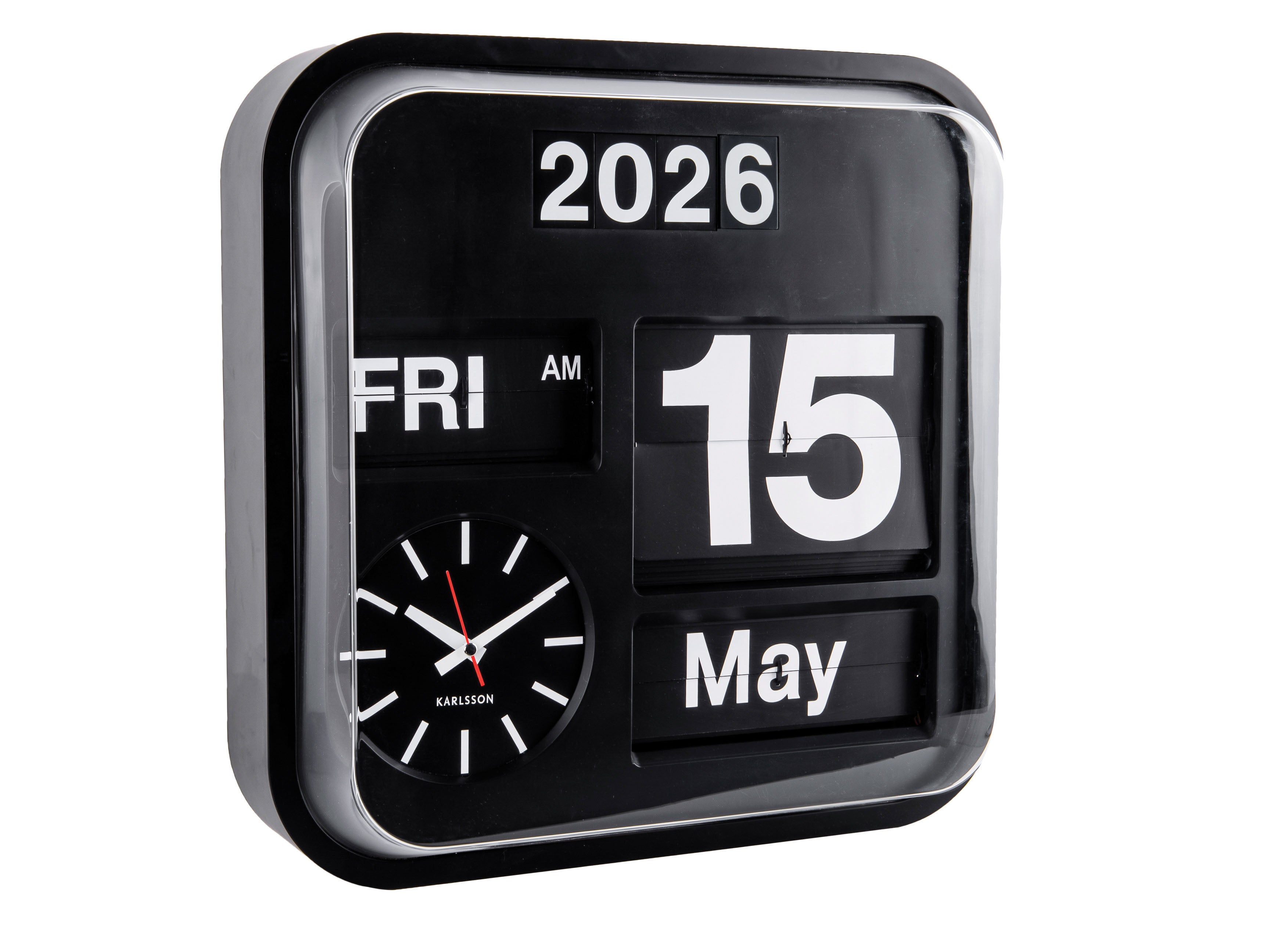 Schwarze Wanduhr mit Klappzahlen-Anzeige, Jahr 2026 und Datum 15 „May“