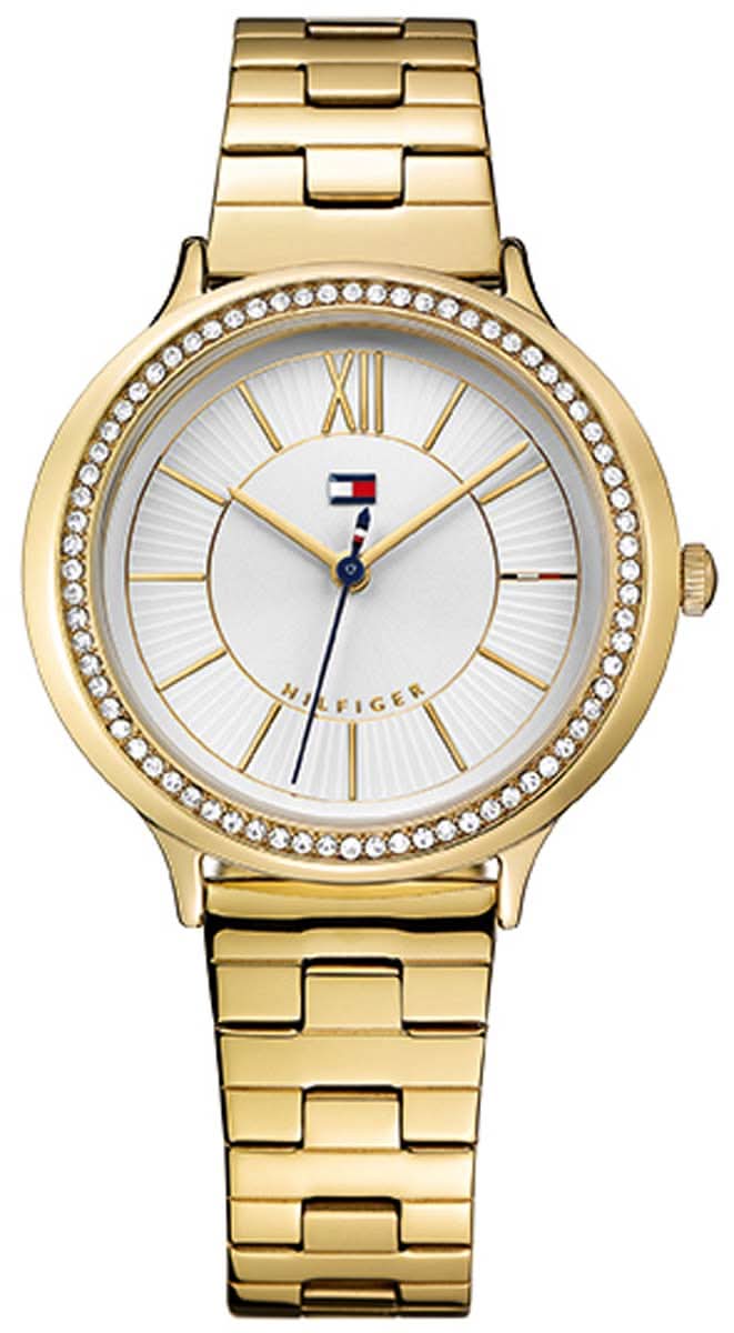 Orologio da donna color oro con lunetta in strass, quadrante rotondo e cinturino in metallo