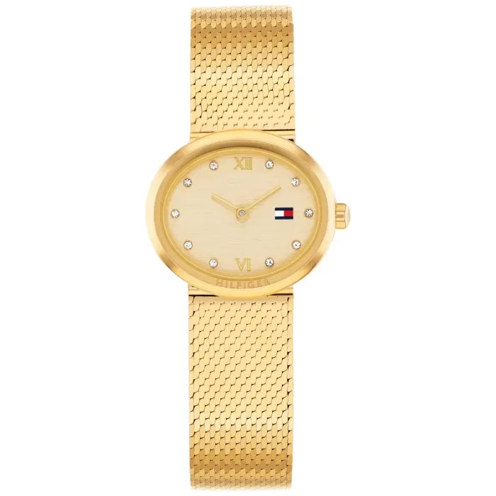 Tommy Hilfiger MOIRA 1782847 Damen Armbanduhr Gold • Ovales Gehäuse mit Open-Heart-Design • Mineralglas