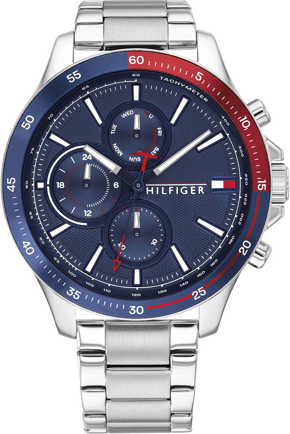 Orologio da uomo con bracciale in metallo color argento, quadrante blu e dettagli rossi