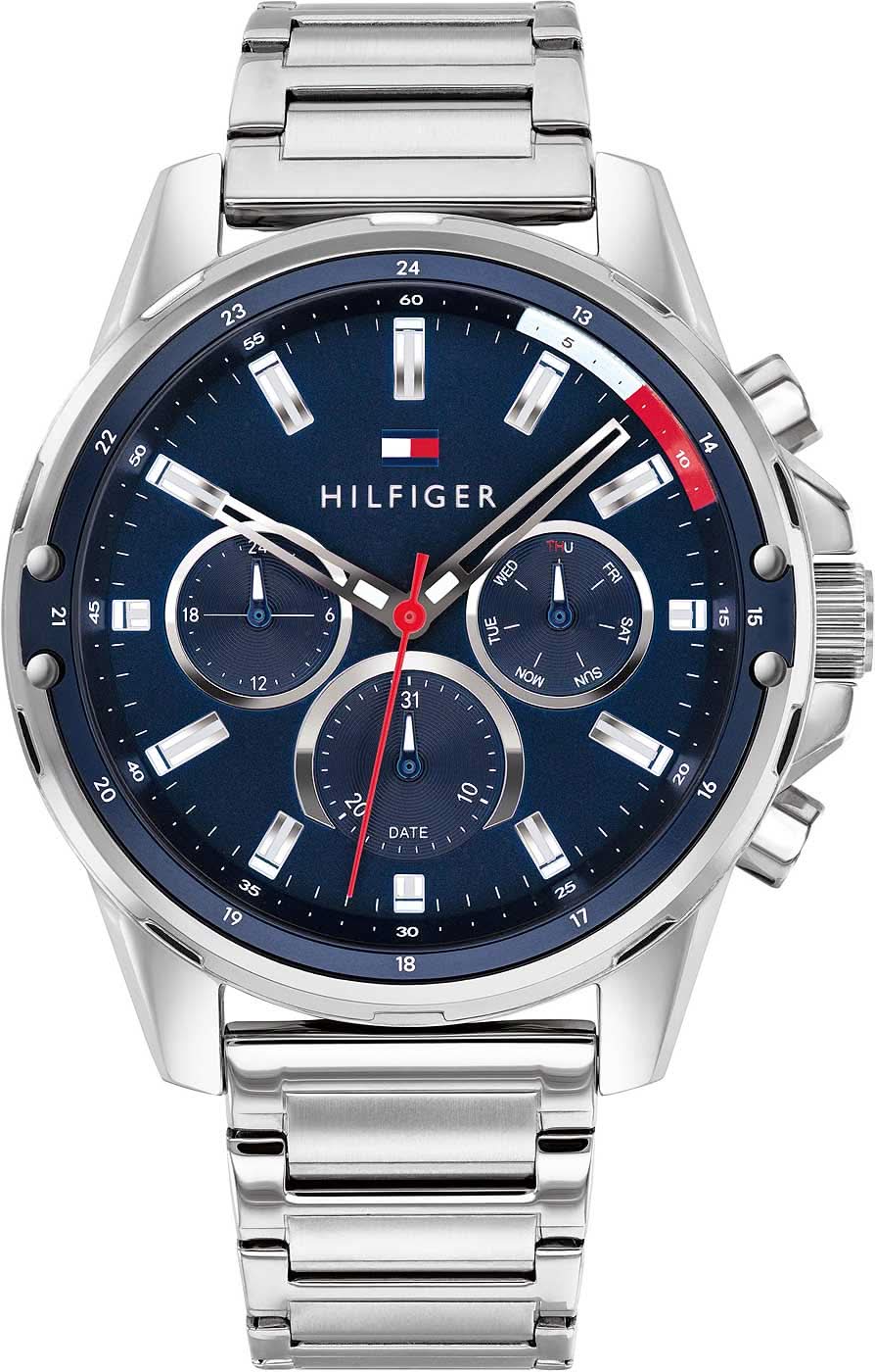 Orologio da uomo Tommy Hilfiger con bracciale in acciaio inossidabile argentato, quadrante blu e design cronografo