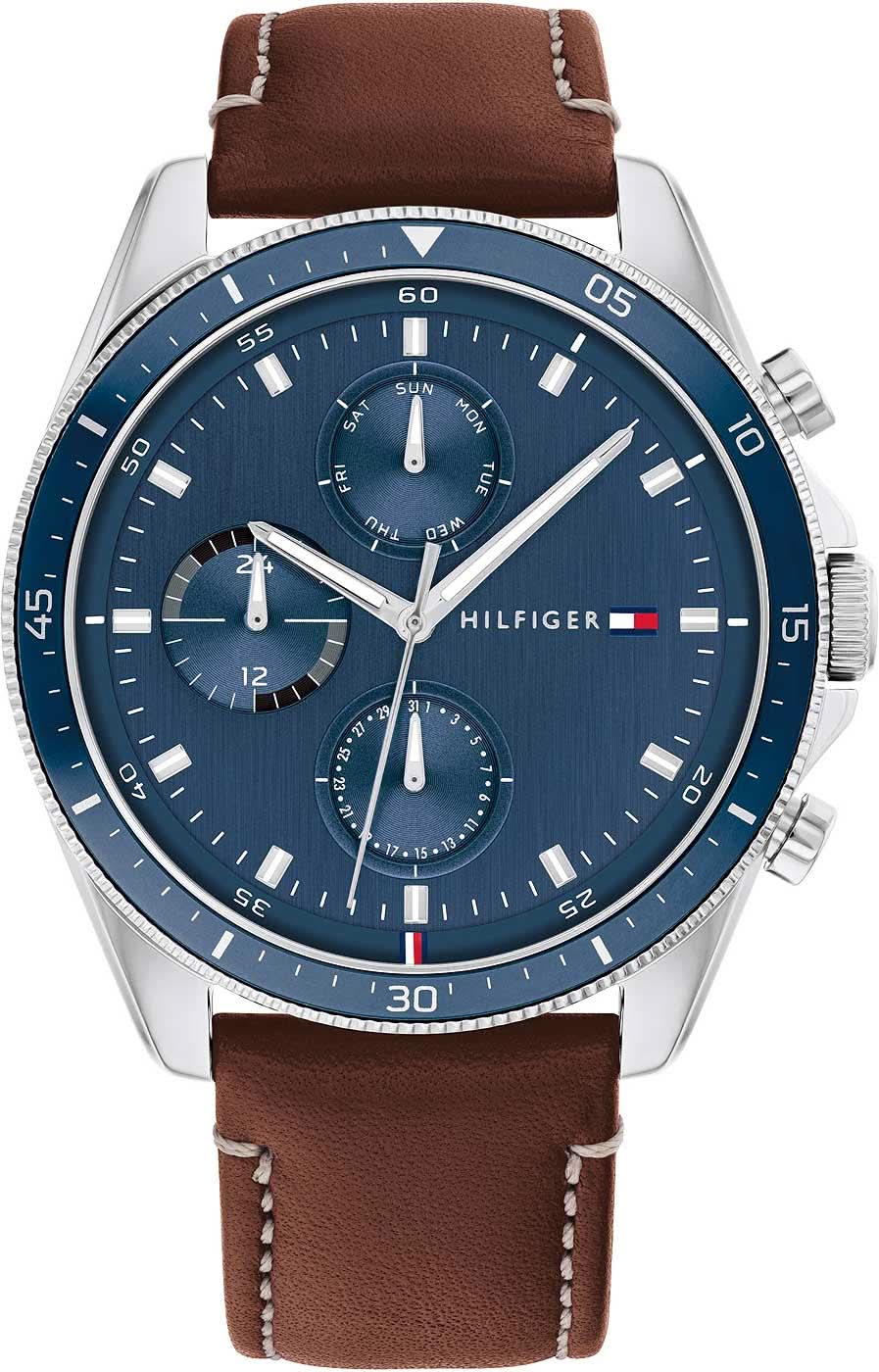 Orologio da uomo Tommy Hilfiger: quadrante blu, cassa argentata, cinturino in pelle marrone