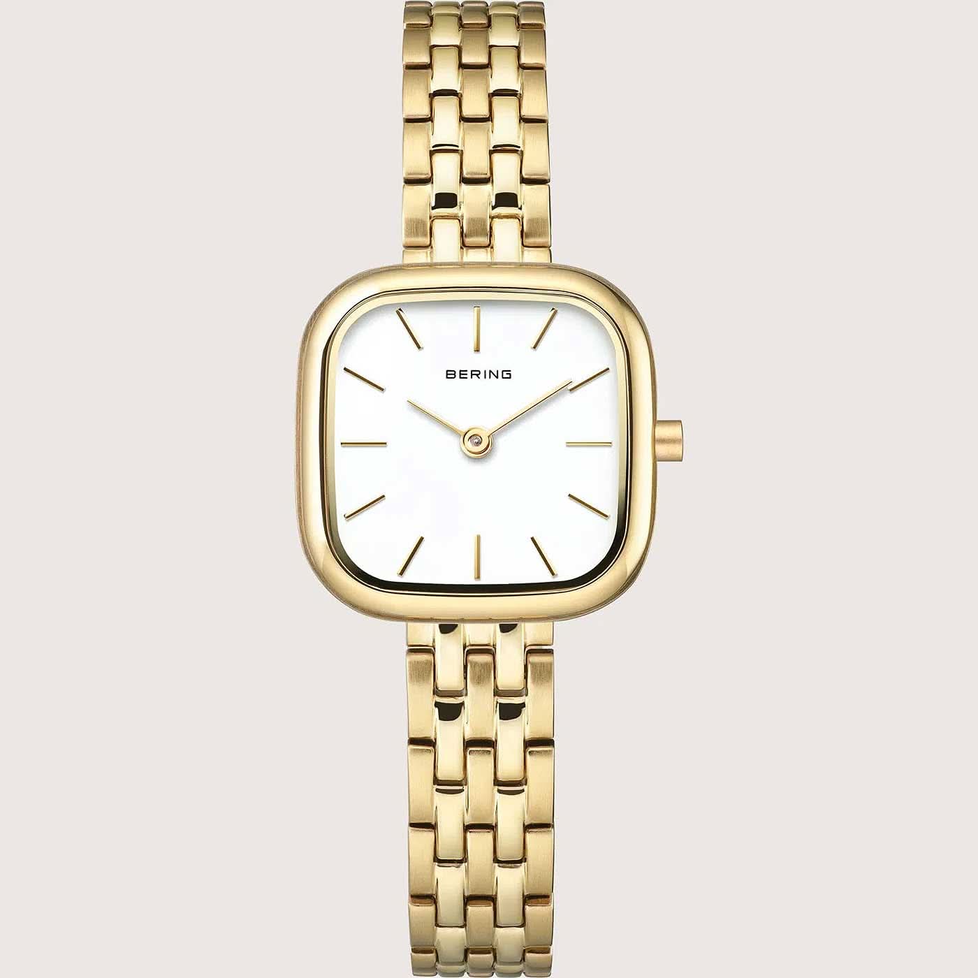 "Orologio da donna con cinturino in acciaio inossidabile color oro e quadrante bianco, cassa quadrata"