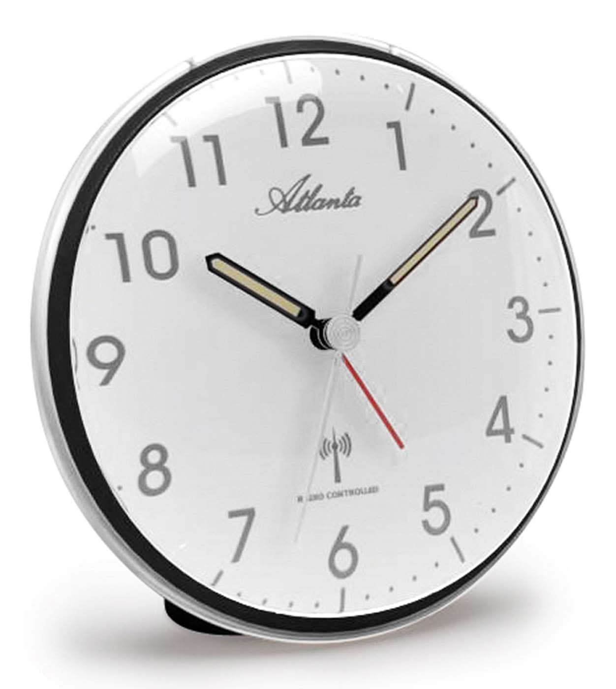 Sveglia Funk Atlanta, orologio analogico rotondo con quadrante bianco, cornice nera e lancette dorate
