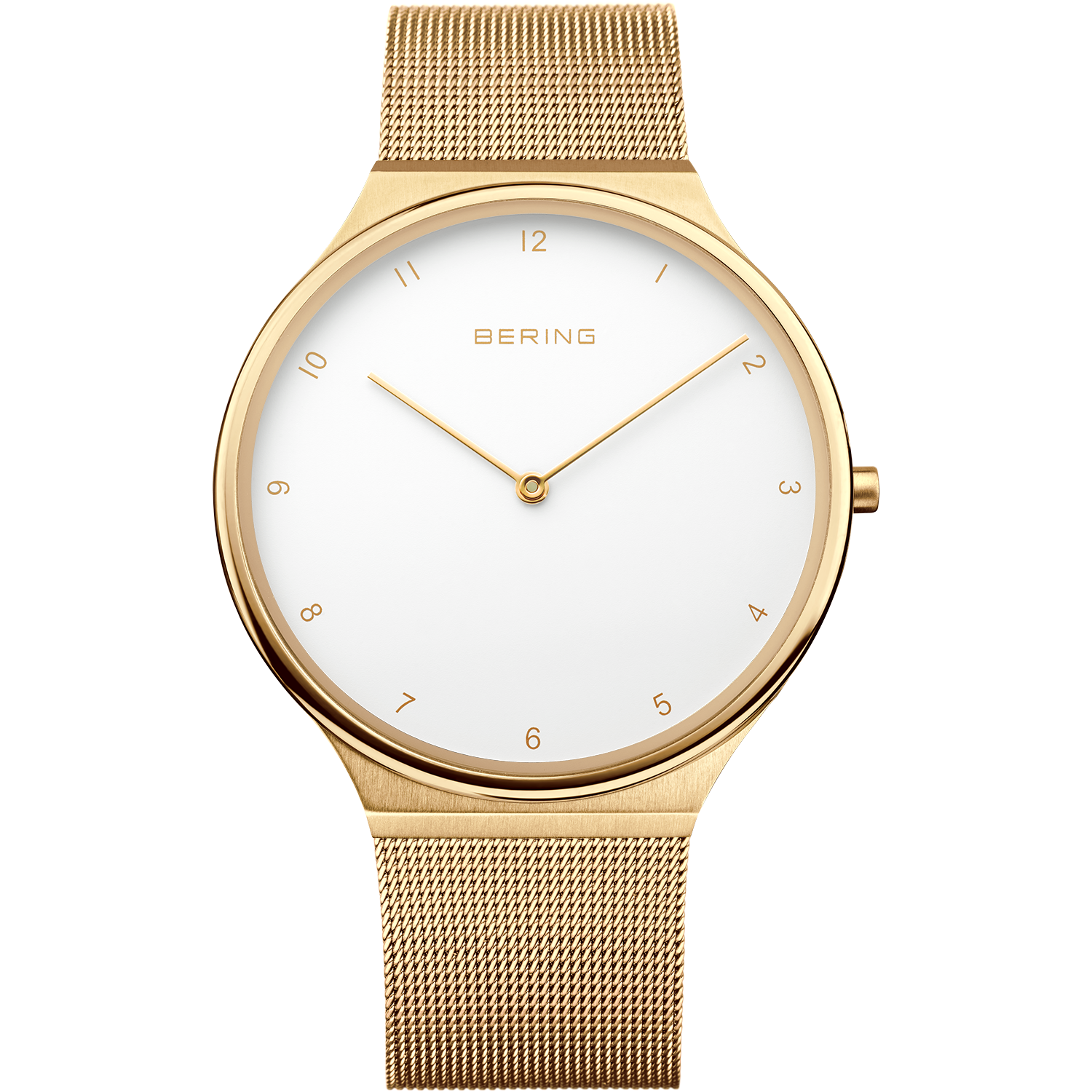 Bering Armbanduhr mit goldfarbenem Milanaise-Armband und weißem Zifferblatt