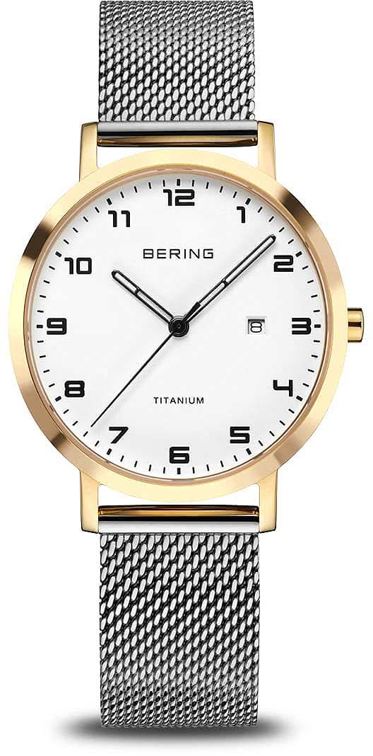 BERING Damenuhr mit silbernem Metallband, goldfarbigem Gehäuse und weißem Zifferblatt