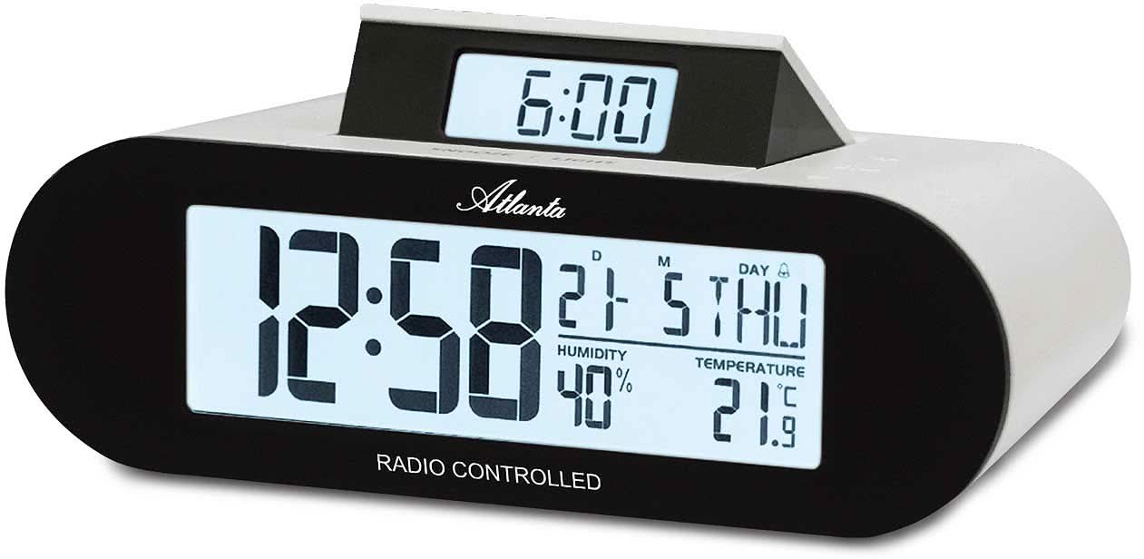 Sveglia digitale con ampio display; mostra ora, data, temperatura e umidità.