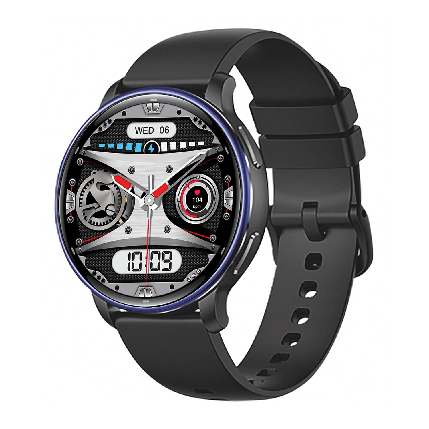 Schwarzer Unisex-Aktivitätstracker mit rundem Display und schwarzem Silikonarmband