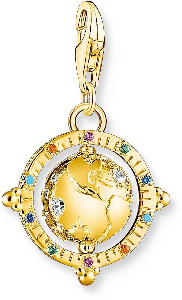 Anhänger mit runder Weltkugel in Gelbgold, Emaille und Strass in Blau/Lila.