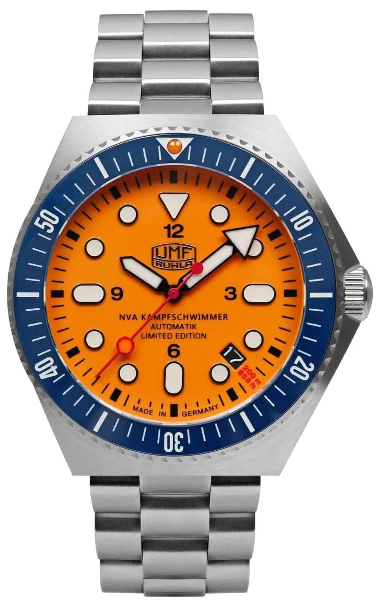 Orologio da uomo: quadrante arancione, lunetta blu, cinturino in acciaio inossidabile argentato